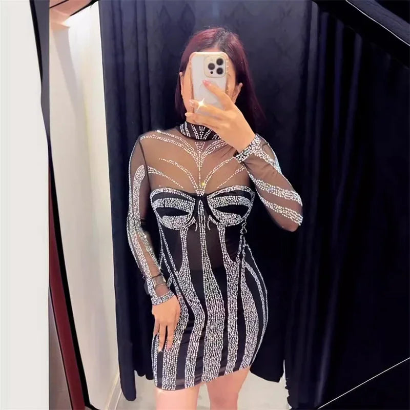 Rhinestone Crystal Birthday Dress Mesh Patchwork Bodycon