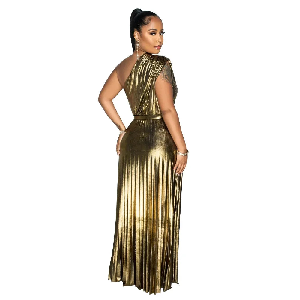 One Shoulder Metallic Pleated Maxi Dress Evening Gown