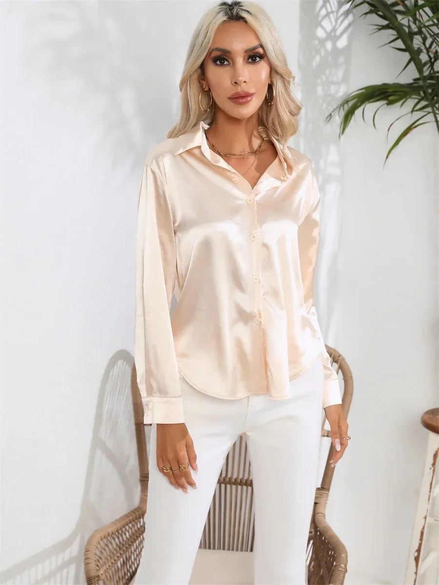 Women's Casual Satin Blouse with Long Sleeves and Turn-Down Collar Solid Color Shirt for Spring and Autumn