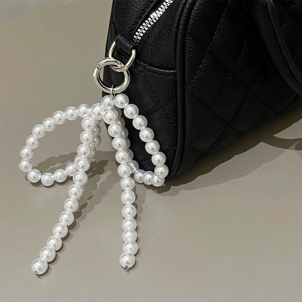 Korean Cute Beaded Pearl Bowknot Keychain for Women and Girls Metal Bow Pendant Bag Decoration Accessories