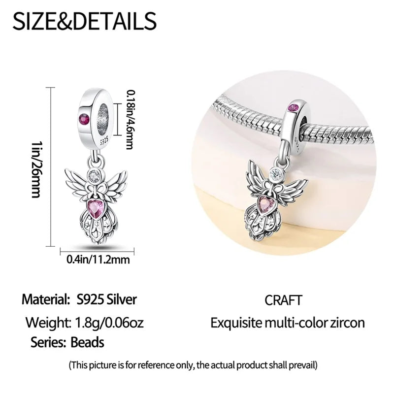Silver Plated Lotus Guardian Angel Heart-Shaped Zircon Charms Beads for DIY Jewelry and 925 Bracelets
