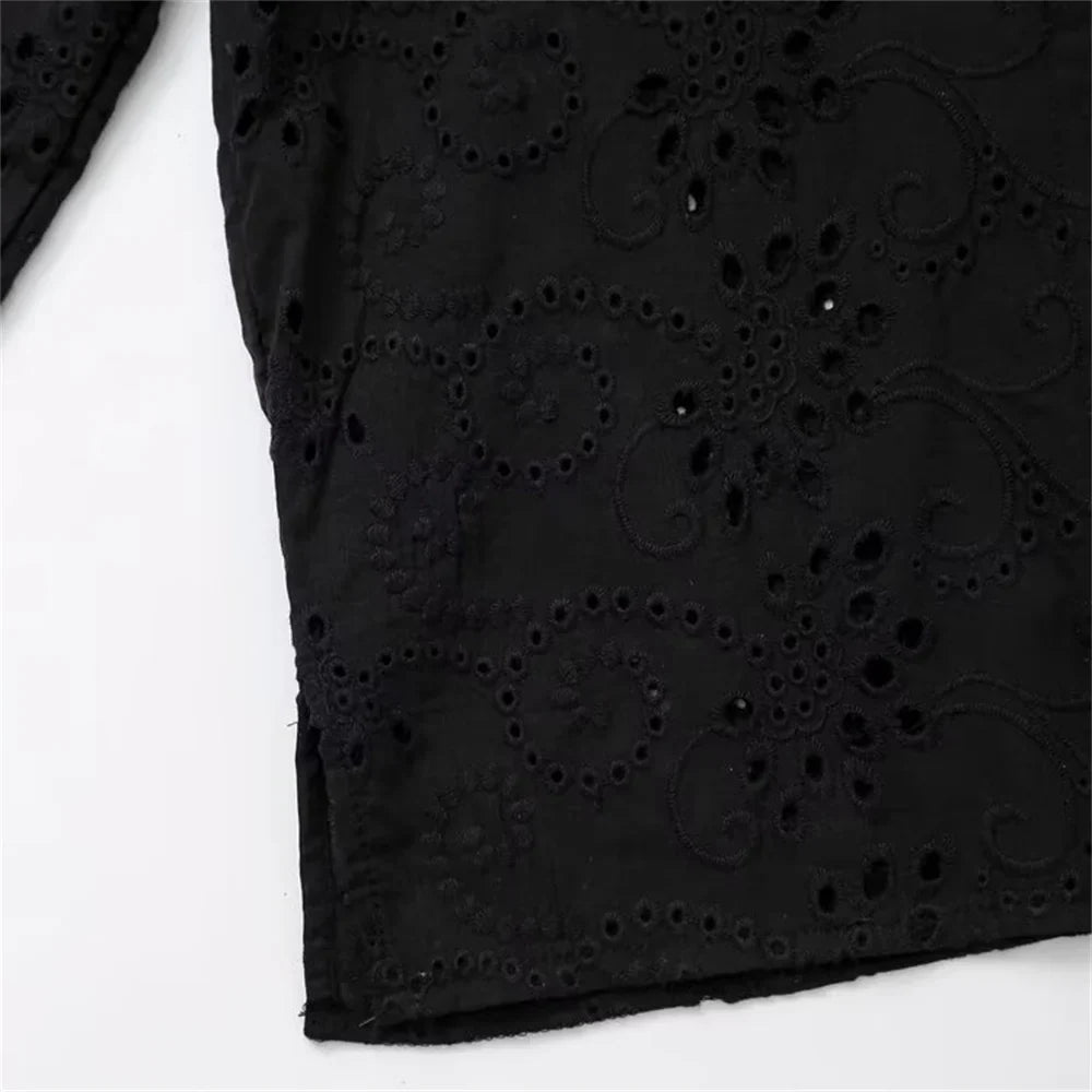 Women's Autumn Hollow Embroidery Poplin Lapel Single Breasted Shirt Stylish Slim Fit Office Casual Blouse