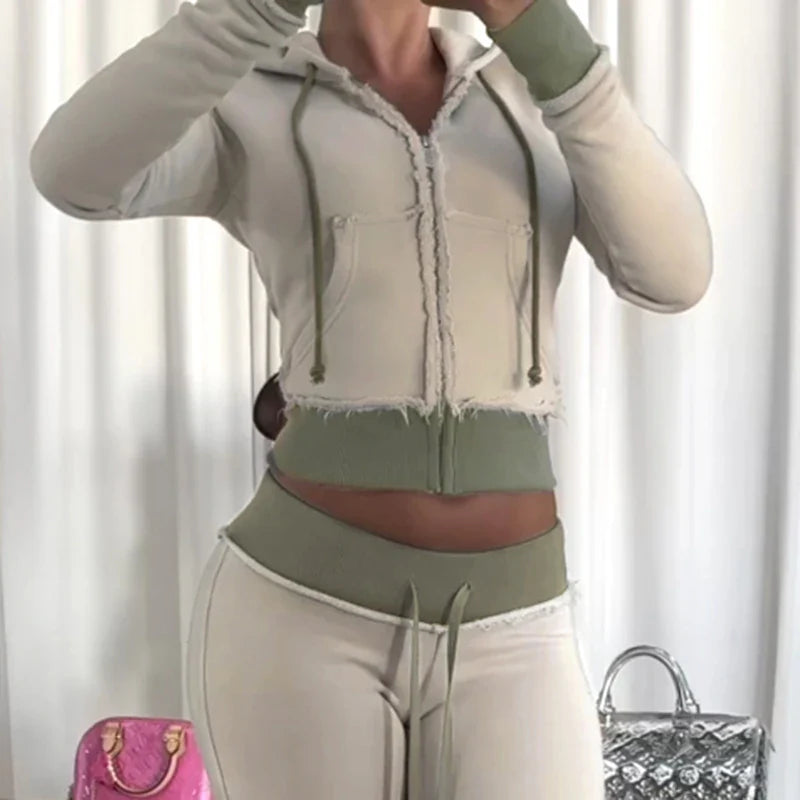 Contrast Color Casual Pants Set for Women with Stitch Patchwork Hooded Zipper Coat and Elastic Waist Sporty Autumn Suit