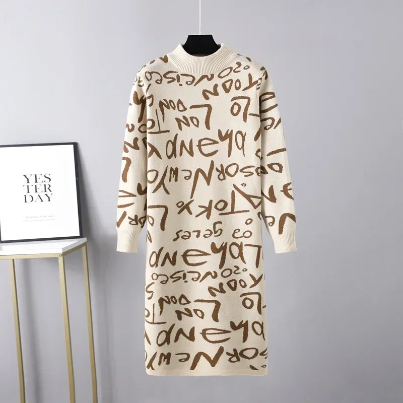 Vintage Knit Sweater Dress With Graffiti Letter Print