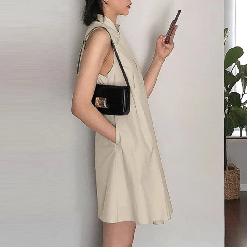 Mandarin Collar Pleated Sundress Women Sleeveless A Line