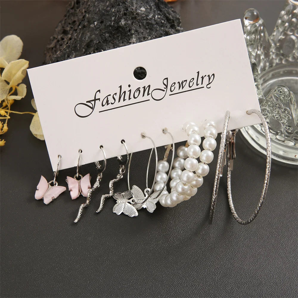 Fashion Silver Color Round Pearl Hoop Earrings Set for Women with Snake and Butterfly Dangle Design