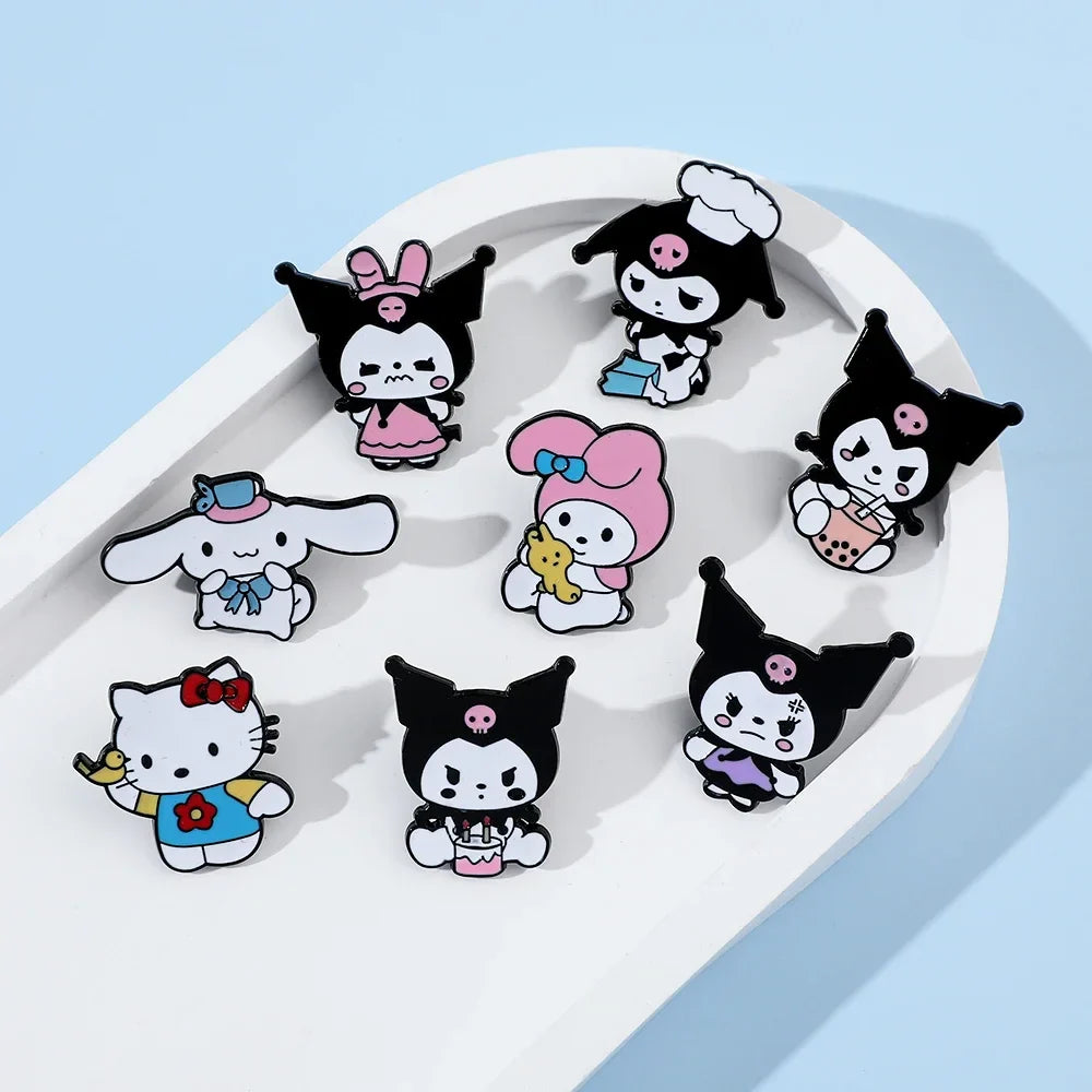 8 Pcs Hello Kitty Animal Brooch Set Cute Princess Kulomi Melody Lapel Pins Fashion Metal Badges for Backpack and Clothing Jewelry
