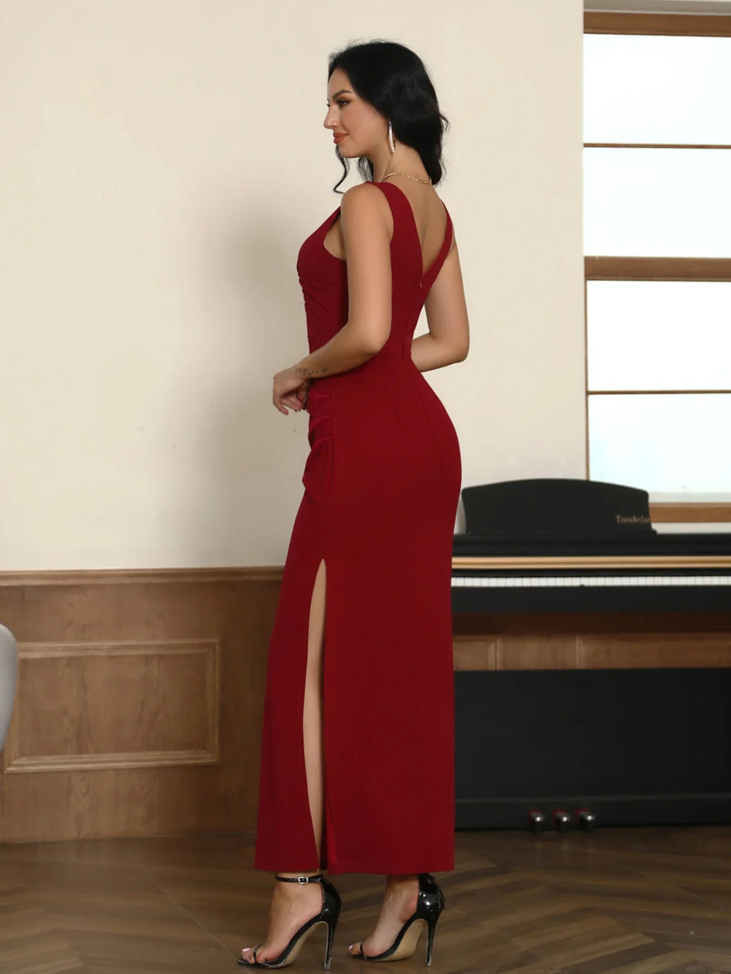 V Neck Ruched Bodycon Dress For Formal Evening Wear