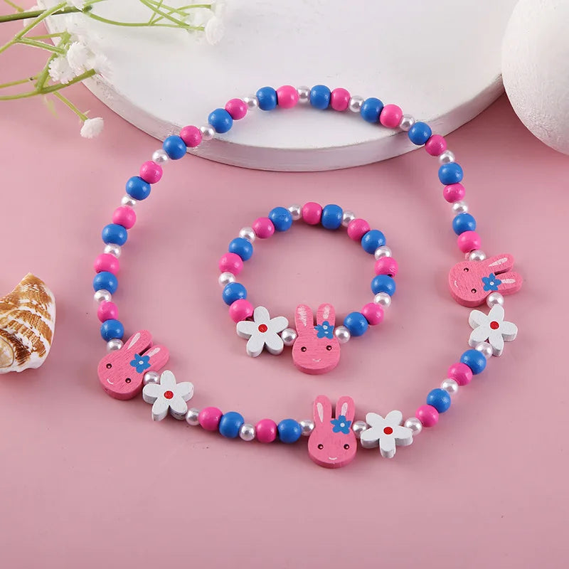Colorful Cartoon Unicorn Wooden Jewelry Set for Kids Necklace and Bracelet Gifts