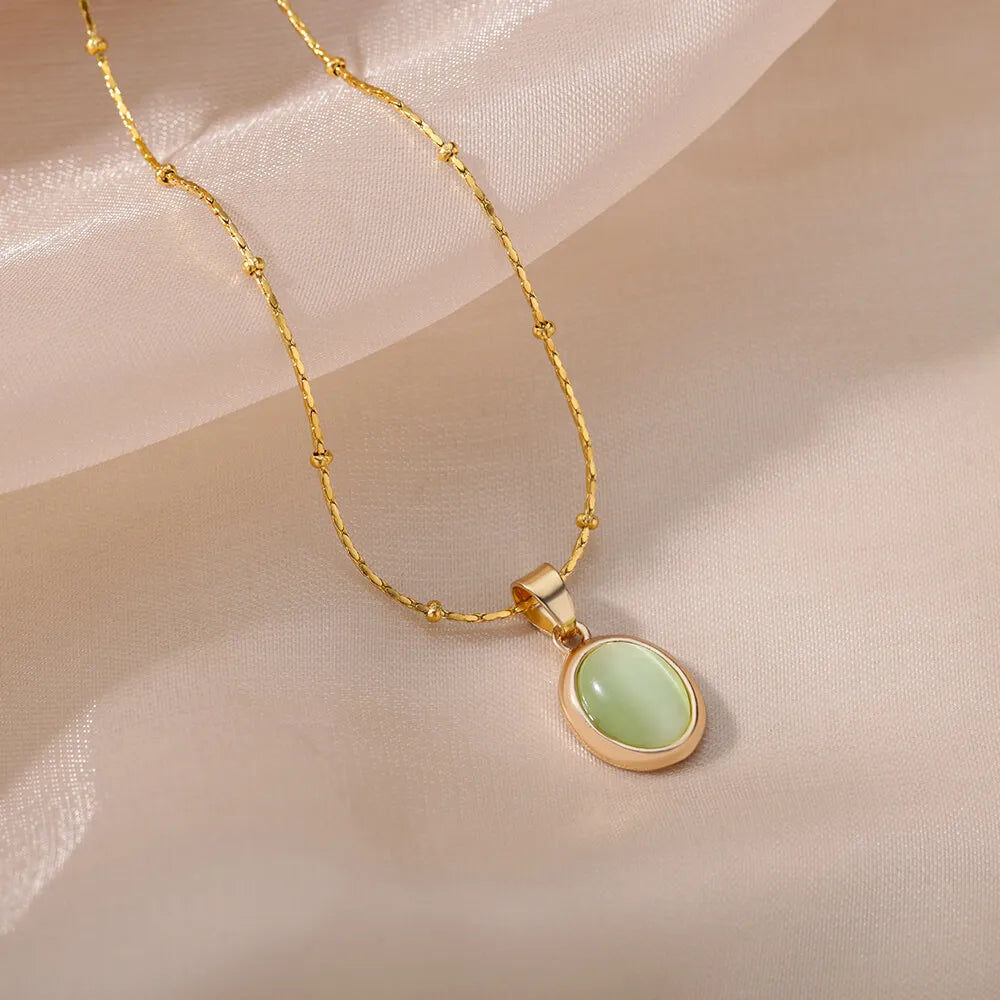 Gold Color Opal Oval Necklace for Women Stainless Steel Pendant Jewelry Gift