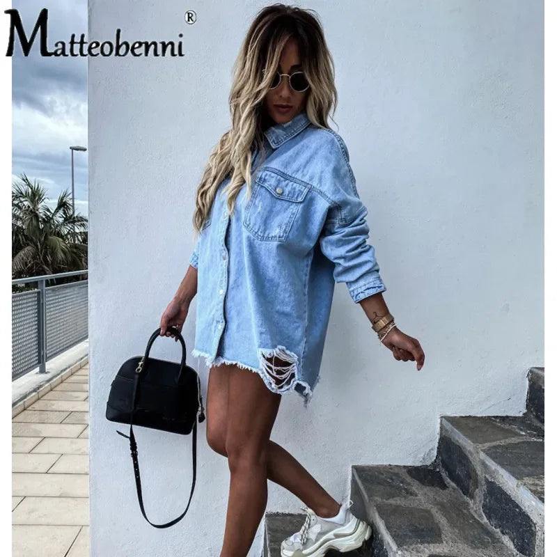 Women's Long Sleeve Denim Shirt with Ripped Details Mid-Length Button-Up Boyfriend Fit Casual Loose Top