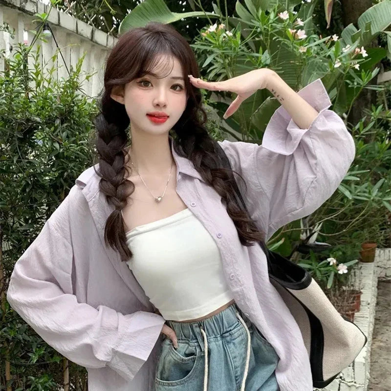 Purple Sunscreen Long Sleeve Shirt for Women Lightweight Single Breasted Loose Casual Blouse with Turn Down Collar