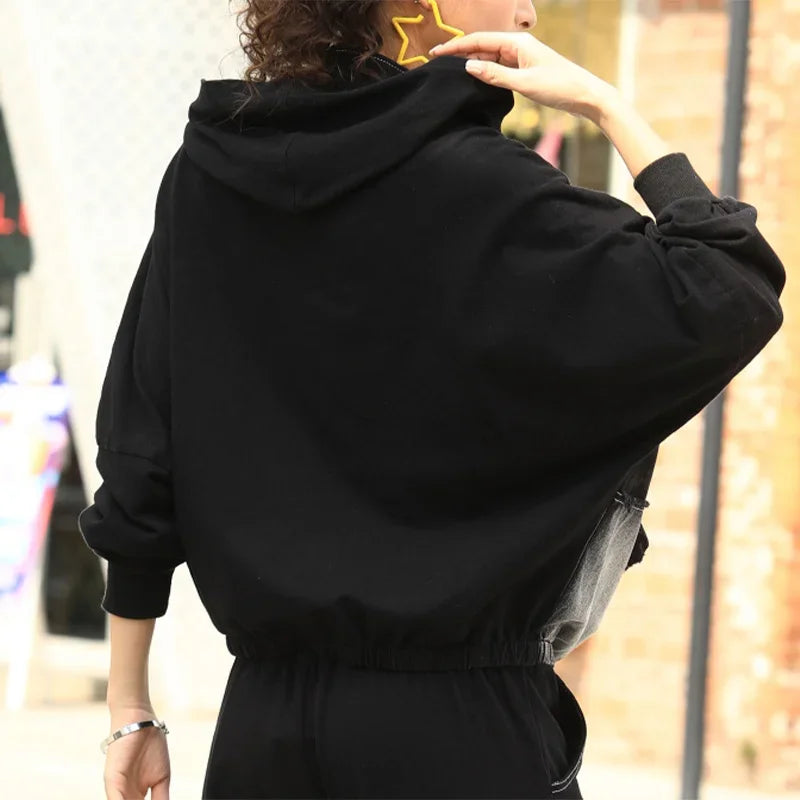 Spring Punk Fashion Women's Two Piece Set with Loose Hooded Jacket and Classic Fitness Pants