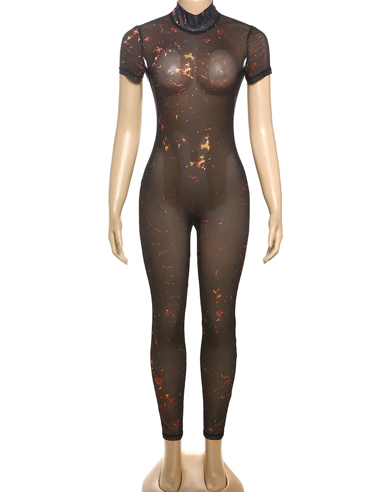 Colorful Mesh Print Jumpsuit for Women Sheer Backless Summer Clubwear Peach Buttocks Contour Tight Fit Overalls