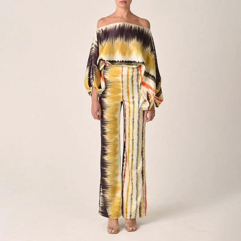 Women's Off Shoulder Satin 2-Piece Set with Lantern Sleeve Top and Wide Leg Pants for Elegant Office Wear