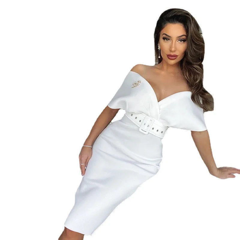 Off Shoulder High Waist Belted Summer Dress For Women