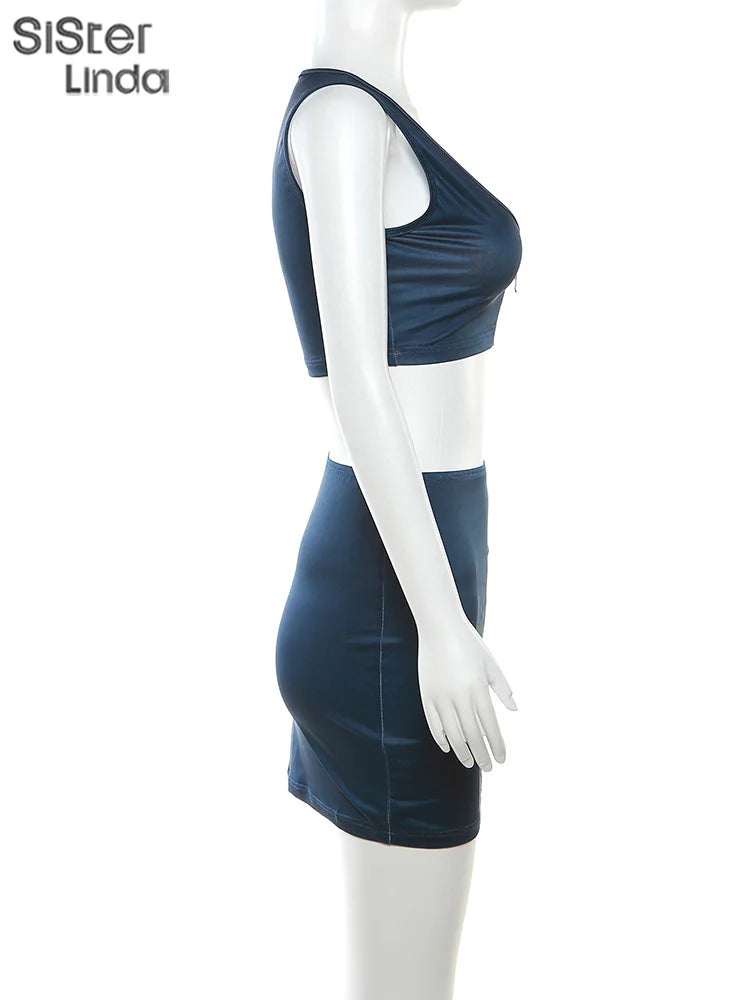 Casual Two Piece Set for Women Sleeveless Zipper Low Neck Tank Top with High Waist Hip Skirt Party Clubwear Ensemble