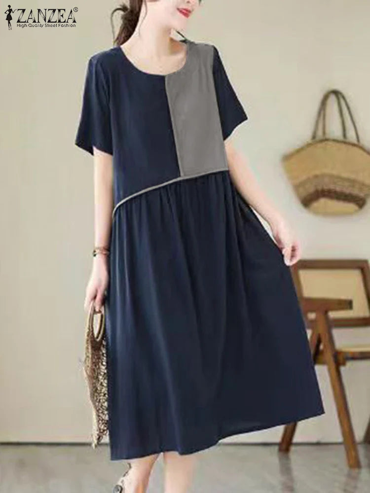 Women Patchwork Pleated Midi Dress Casual Aline Retro