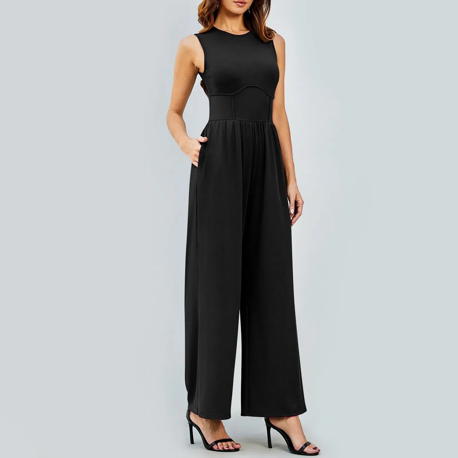 Women Sleeveless High Neck Ribbed Tank Top Jumpsuit Wide Leg Pants Romper with Tummy Control and High Waist Casual Summer Outfit