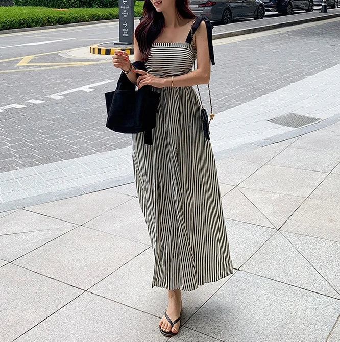 Vintage Striped Strapless Maxi Dress With Pockets High Waist