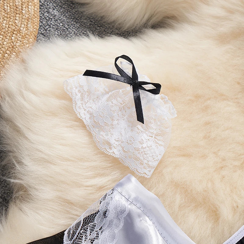 Sexy Lace-Up Lingerie Bodysuit Set with Mini Skirt Backless Patchwork Lace Edge Hollow Cosplay Maid Uniform