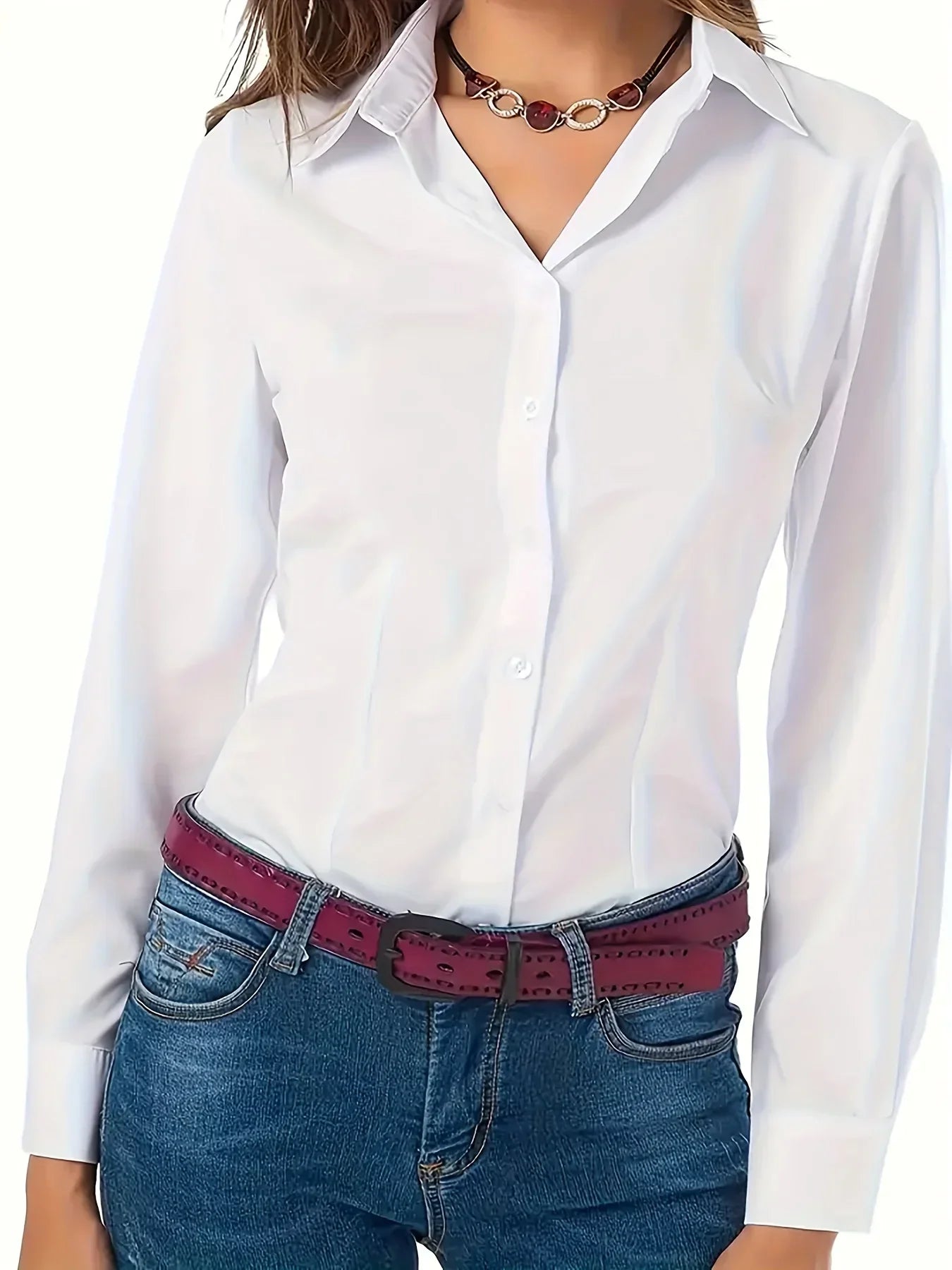 Solid Button Front Shirt Elegant Long Sleeve Lapel Blouse Lightweight Basic Top for Spring and Fall Women's Fashion Office Casual Wear