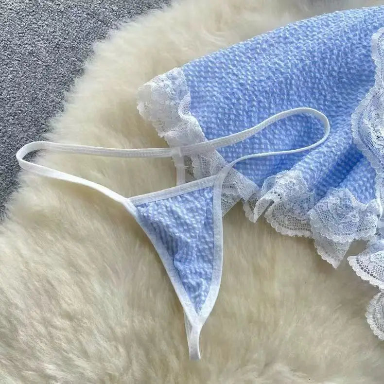 Sexy Maidservant Apron Dress Three Piece Set Lace Trimmed Plaid Cosplay Lingerie Nightwear for Women