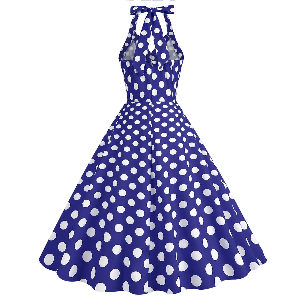 Retro Polka Dot Lace Up Backless Dress With Swing Puff