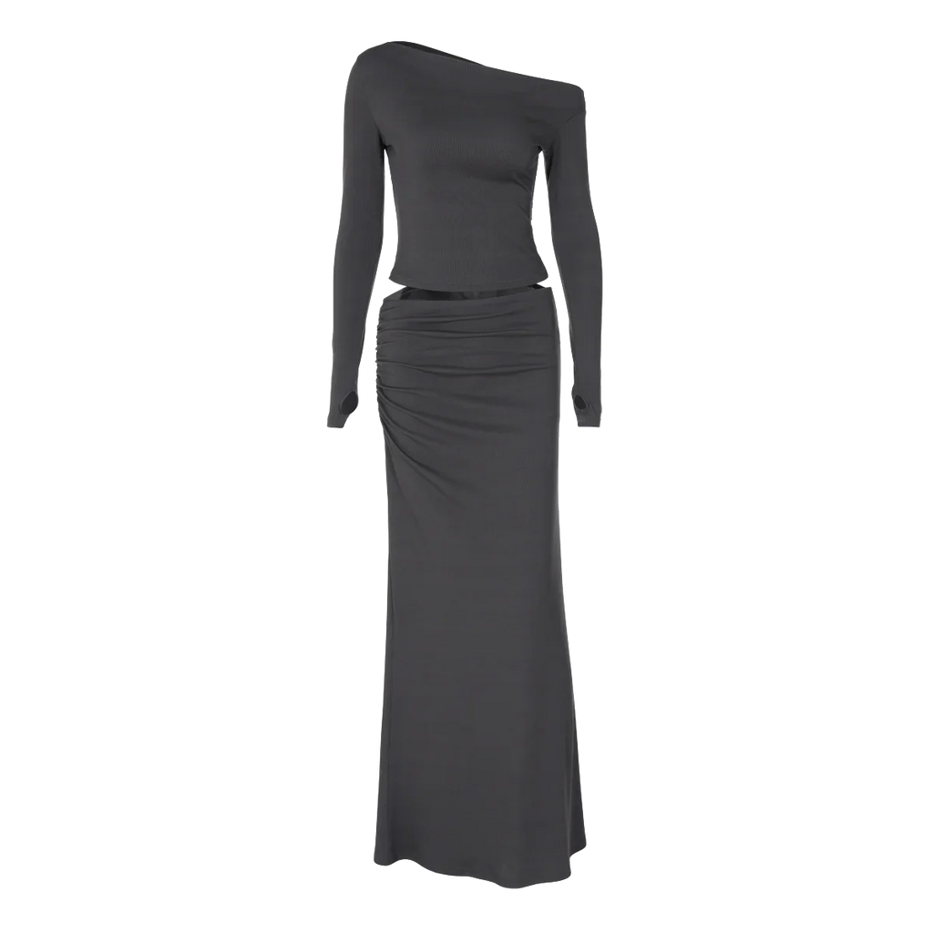 Solid Skew Collar Long Sleeve T-Shirt and Ruched Maxi Skirt 2-Piece Set Women's Y2K Fashion Outfit for Fall Night Party and Vacation