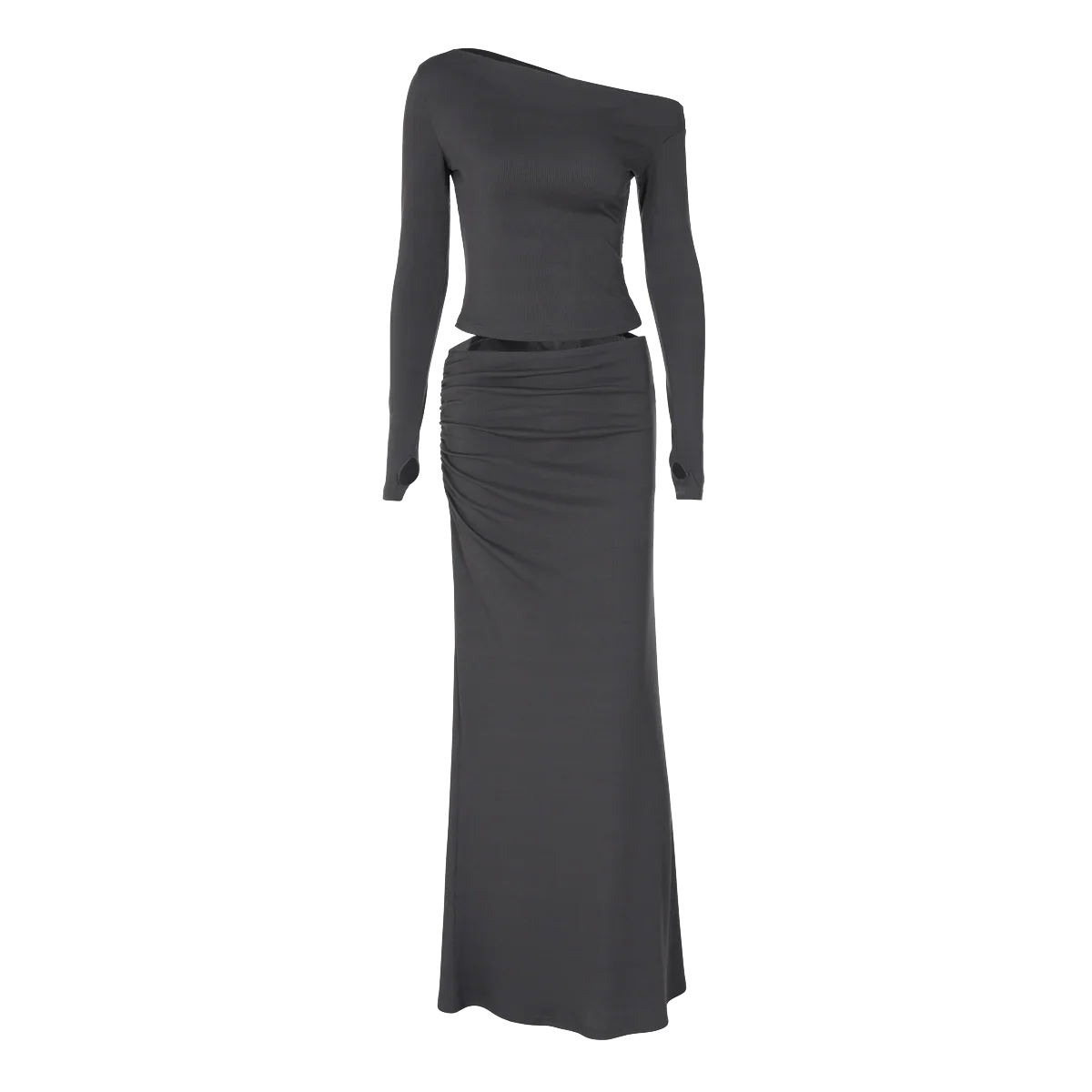 Solid Skew Collar Long Sleeve T-Shirt and Ruched Maxi Skirt 2-Piece Set Women's Y2K Fashion Outfit for Fall Night Party and Vacation