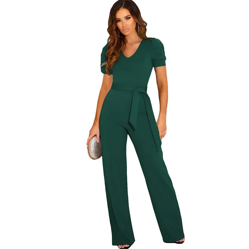 Strap Waist Wrapped Jumpsuit for Women V Neck Short Sleeve Wide Leg Long Pants Solid Color Summer Style