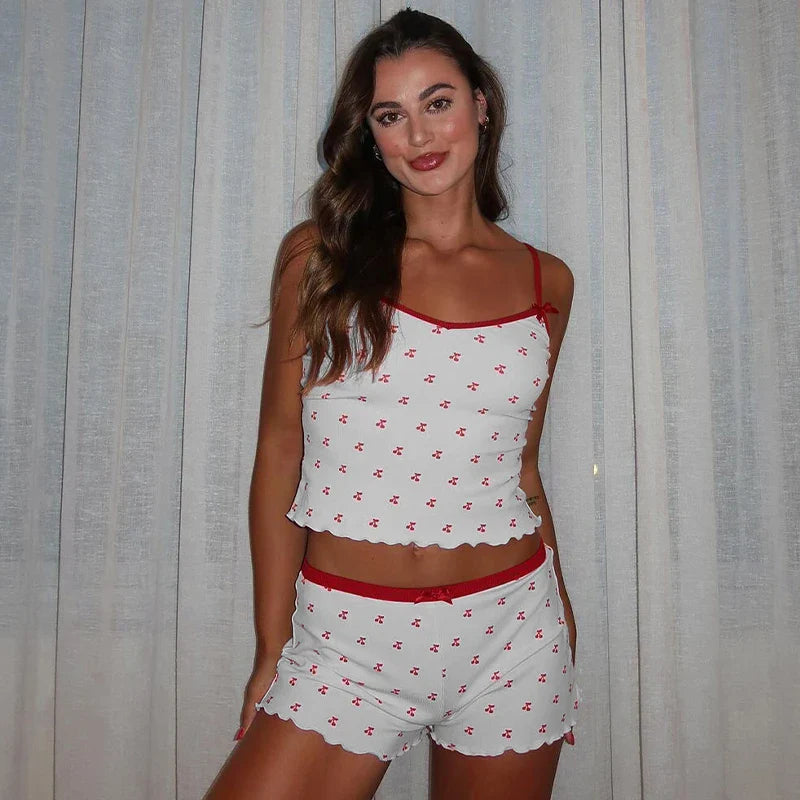 Cherry Print Two-Piece Matching Set with Slim Crop Camisole Top and Bow-Accent Shorts Summer Casual Festival and Workout Outfit for Women