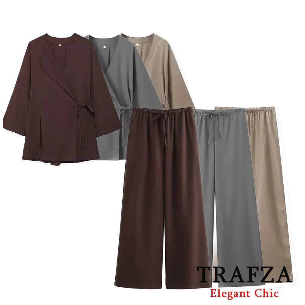Casual Chic Solid Two Piece Women Set with Long Sleeve Kimono Jacket and Pants Nightwear Suit
