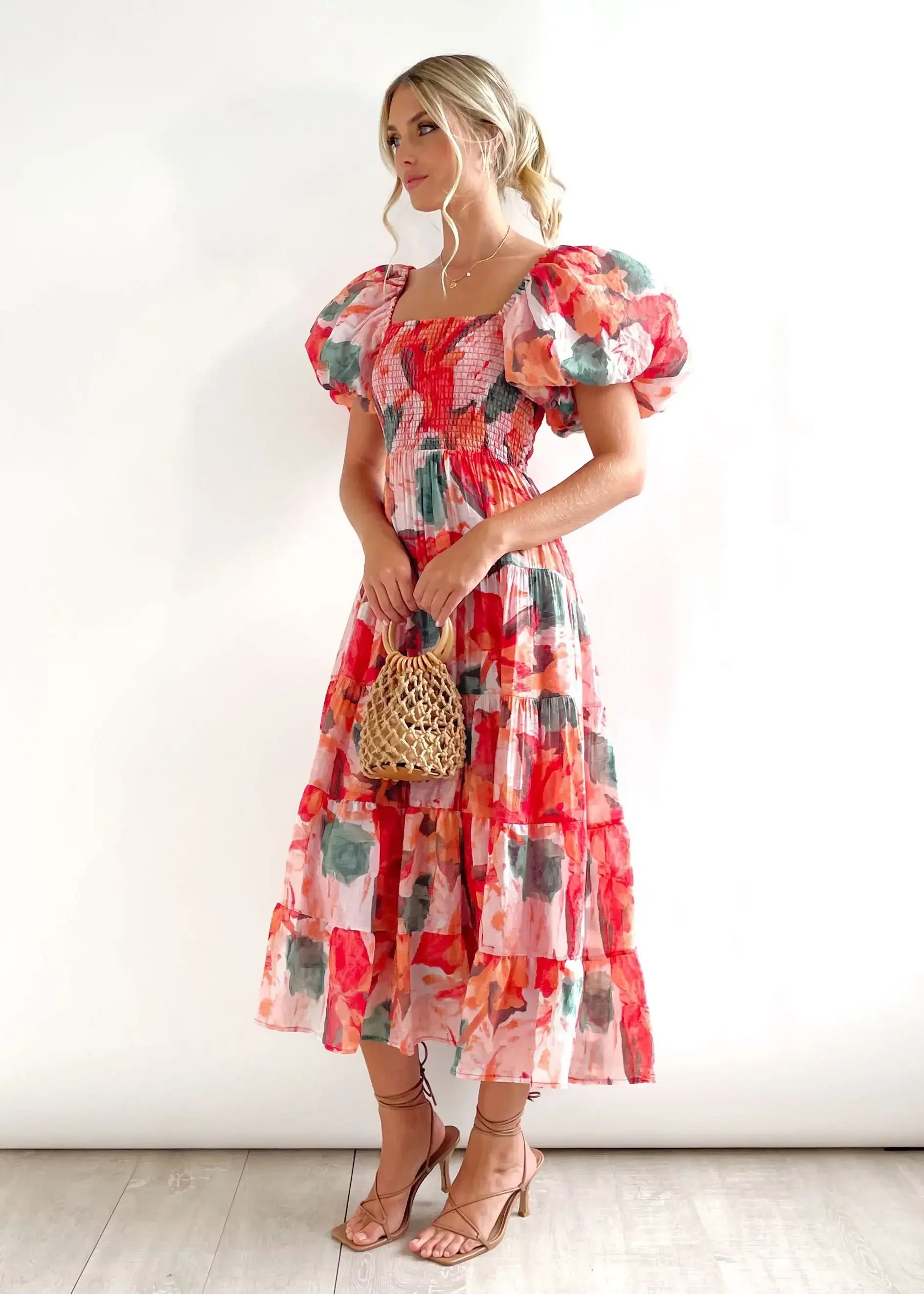 One Shoulder Summer Dress With Square Neck Lantern Sleeves