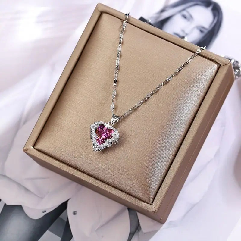 Luxury Colorful Crystal Ocean Heart Pendant Necklace for Women Stainless Steel Jewelry