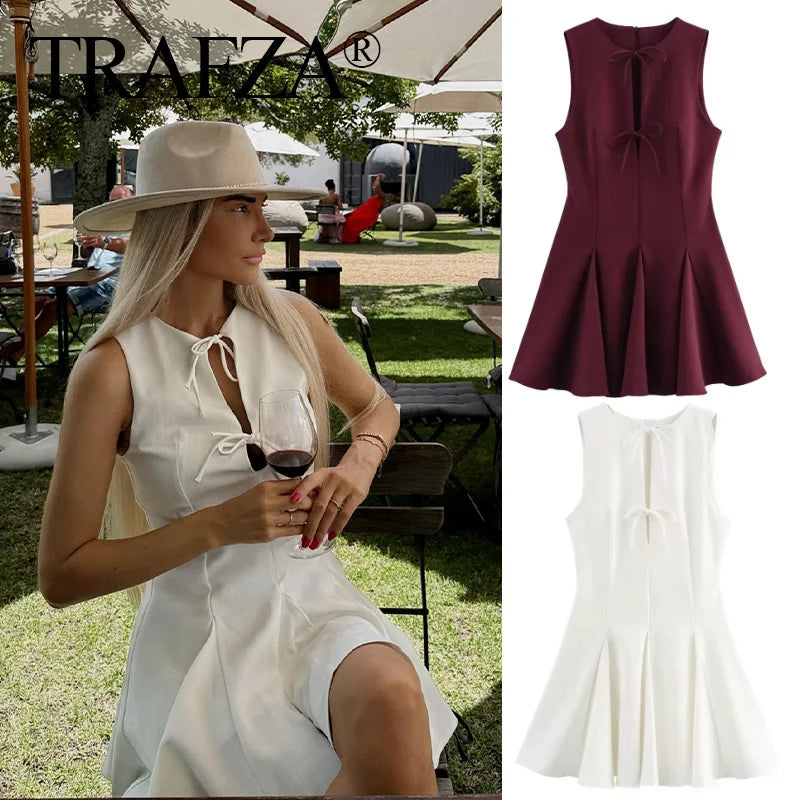 White Bow Pleated Mini Dress For Summer Party Elegant