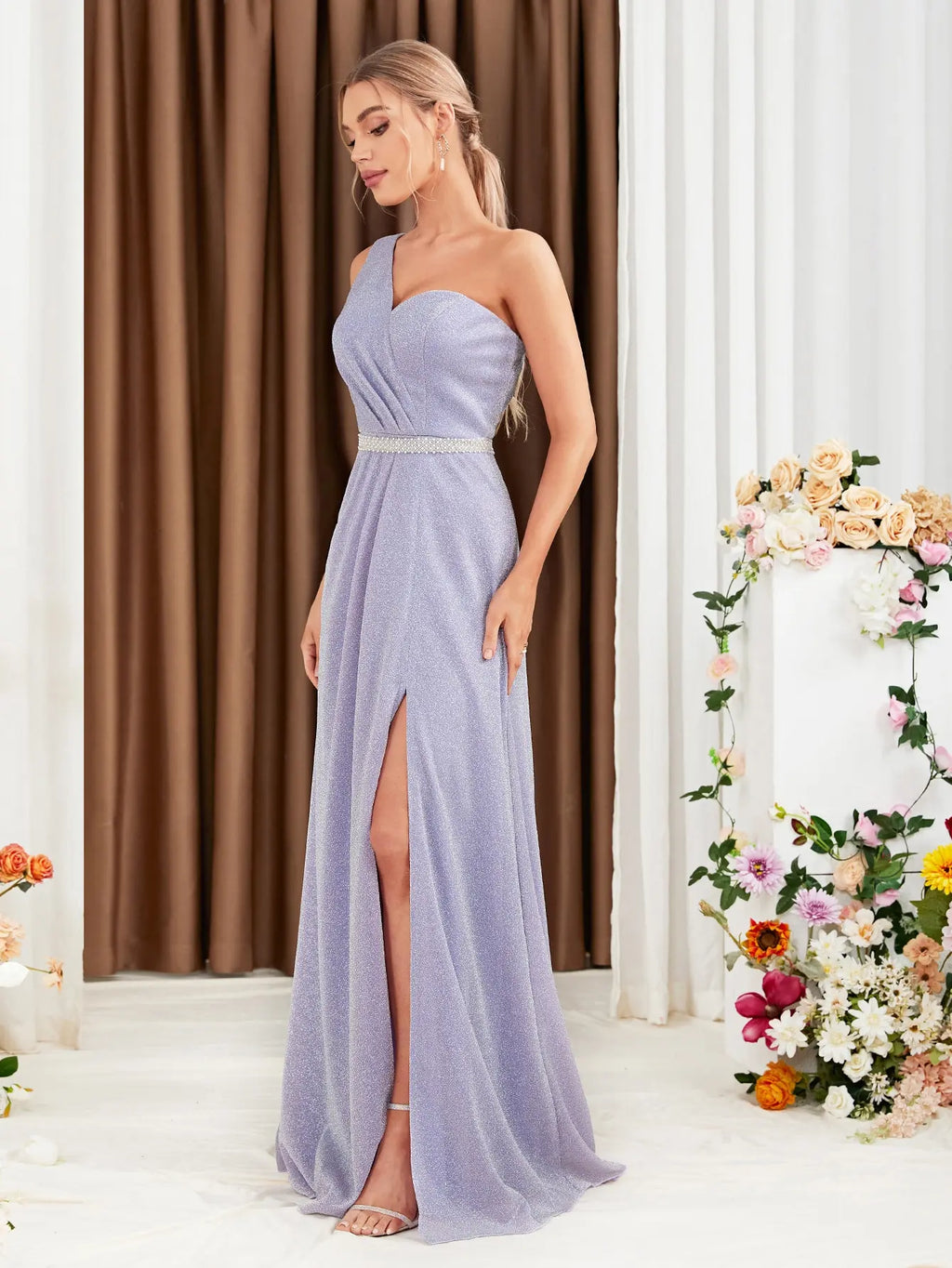 Bridesmaid Dress With Slit Waist Belt For Wedding Occasions