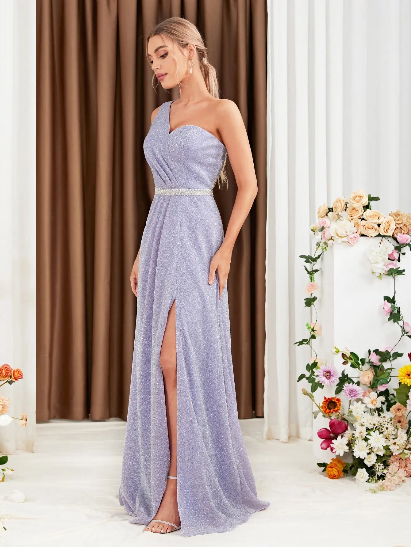 Bridesmaid Dress With Slit Waist Belt For Wedding Occasions