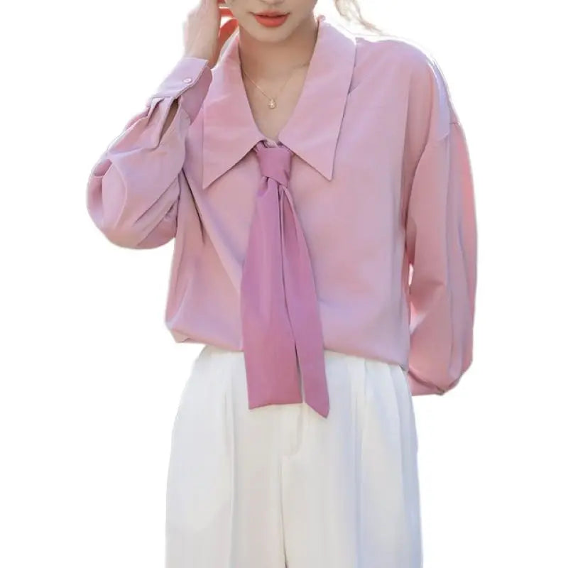 Soft Pink Long Sleeve Women's Shirt Elegant Casual Commuter Top with Gentle Feminine Style
