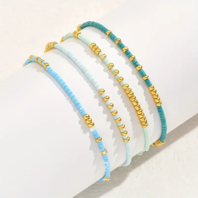 4 Piece Turquoise Seedbead Stretch Bracelet Set for Women - Handmade Bohemian Elastic Jewelry with Gold Color Glass Beads