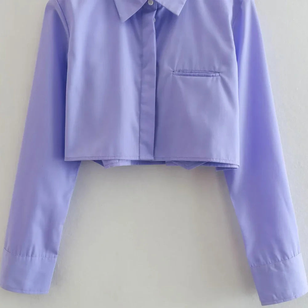 Women's Vintage Loose Cropped Shirt Long Sleeve Front Button Blouse Chic Casual Top