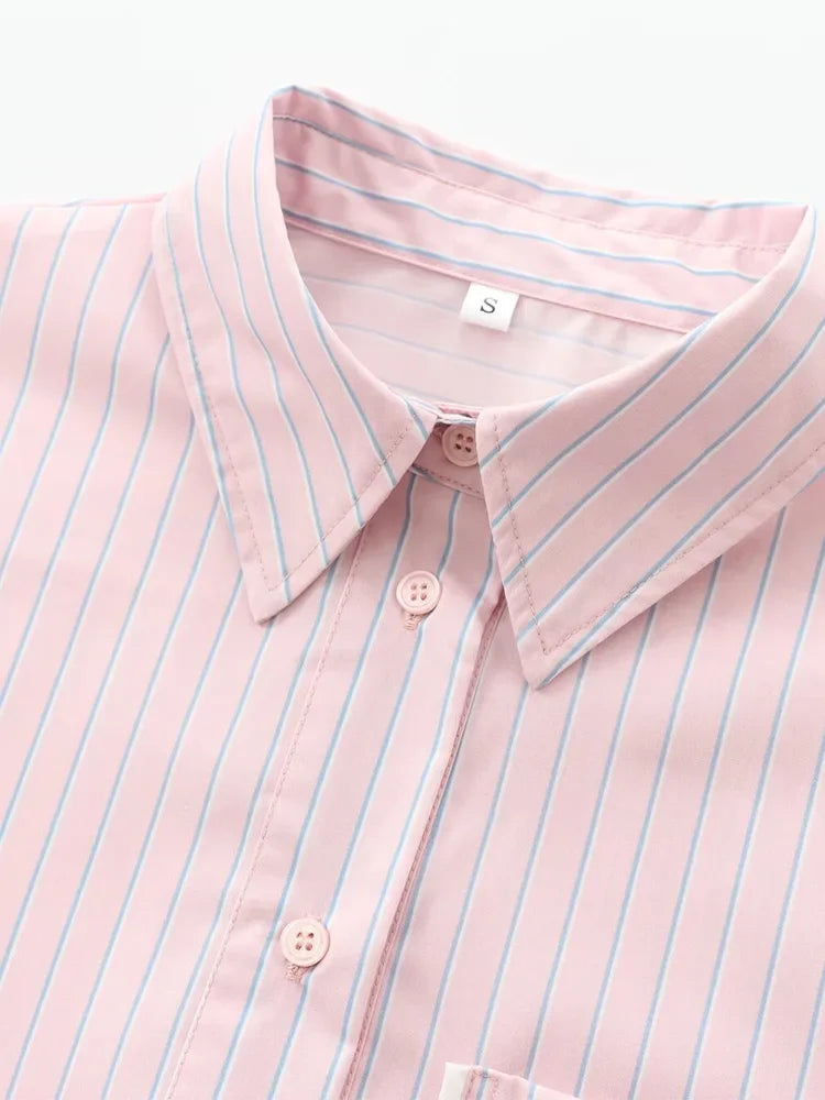 Women's Casual Striped Long Sleeve Short Shirt Simple Versatile Fashion Top