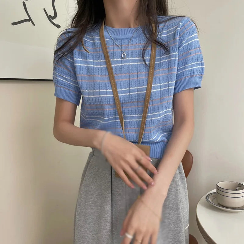 Summer Striped Women's Knitted Crop Top Casual O-Neck Short Sleeve T-Shirt Preppy Style Tees