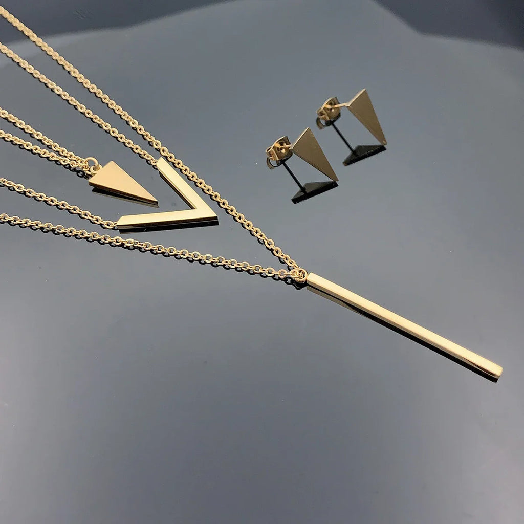 3 Piece Women's Stainless Steel V-Shaped Geometric Pendant Necklace and Earrings Set