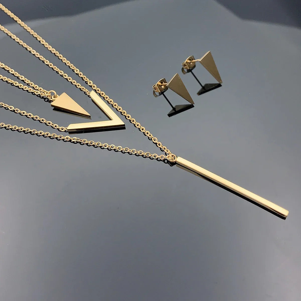 3 Piece Women's Stainless Steel V-Shaped Geometric Pendant Necklace and Earrings Set