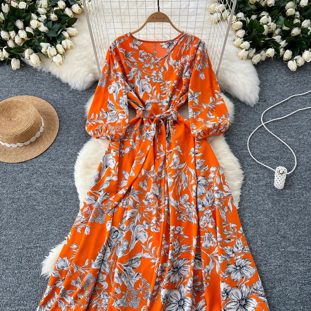 Boho Floral Print Pleated Maxi Dress With Puff Sleeves Belt