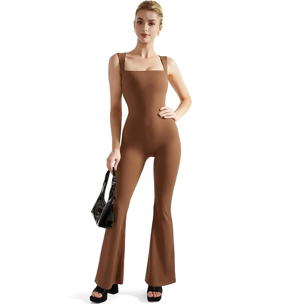 Women's Sleeveless Square Neck Bodysuit with Flared Pants Casual Fitness Jumpsuit Full Season Streetwear Playsuit