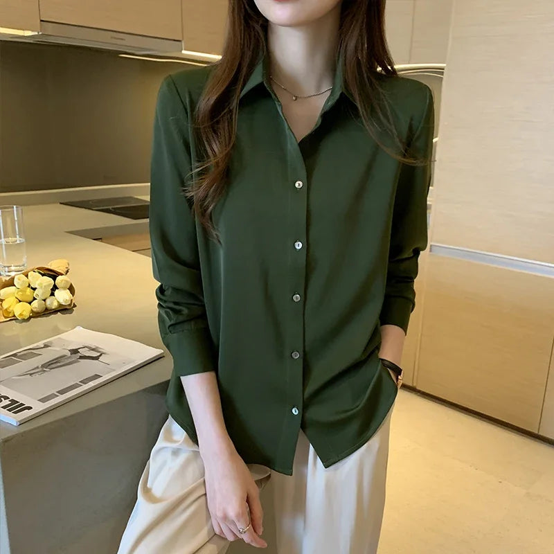Elegant Satin Long Sleeve Blouse for Women Casual Office Shirt Solid White Basic Top