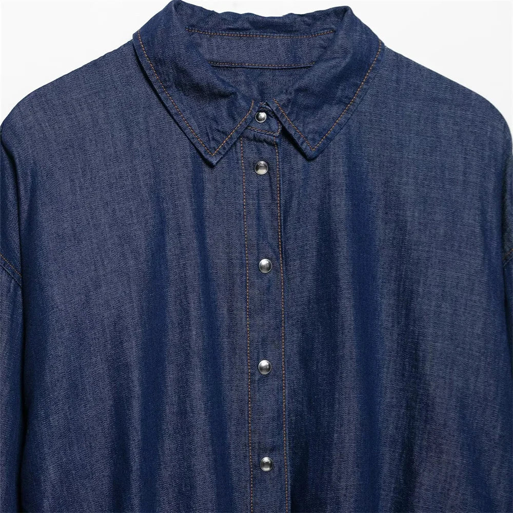 Women's Loose Denim Shirt and High Waist Wide Leg Jeans Set for Casual Spring and Summer Outfits