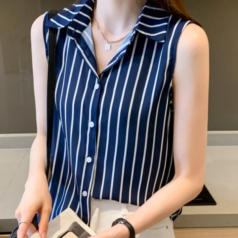 Striped Sleeveless Chiffon Blouse for Women Summer Vest Casual Lightweight Tops Basic White Shirt